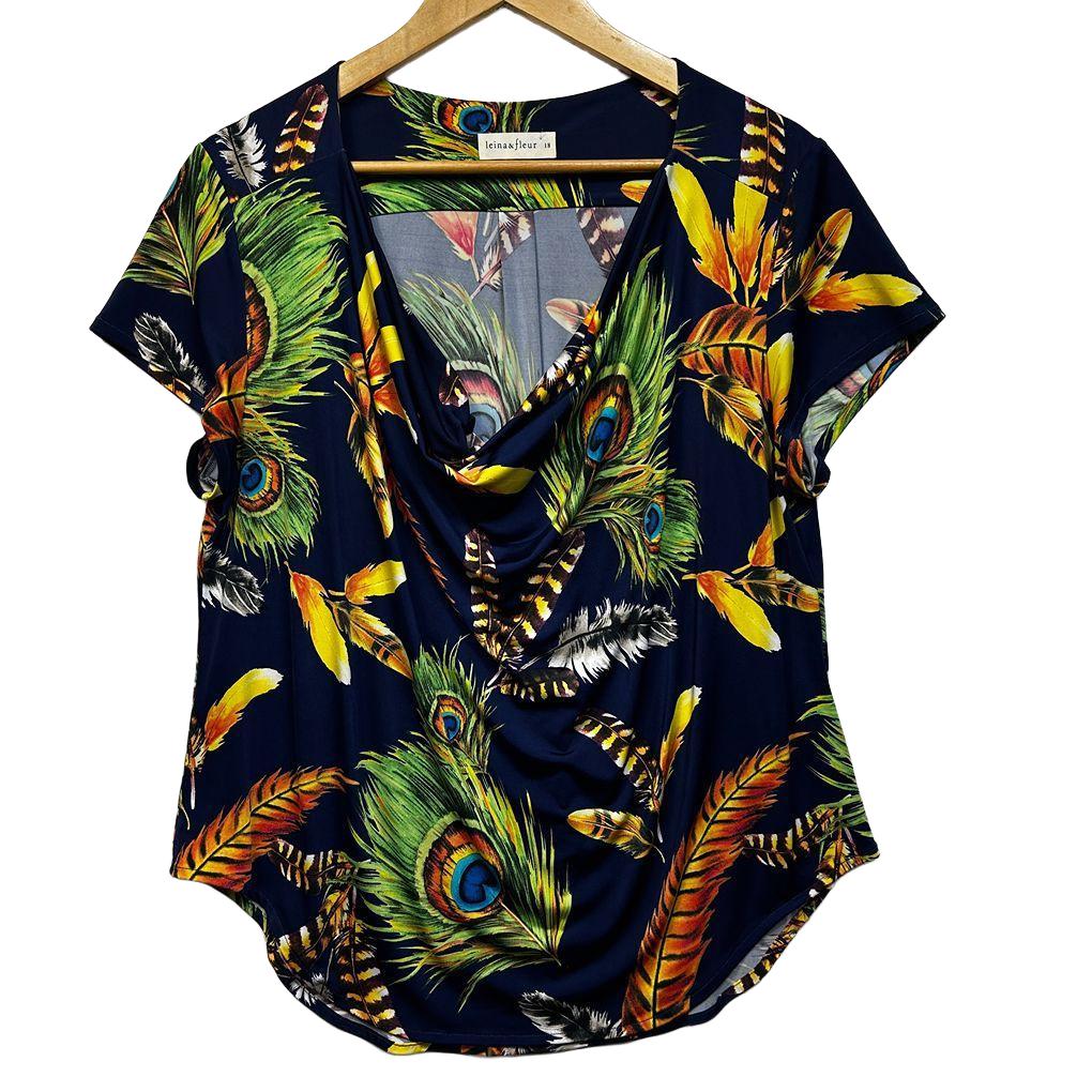 Leina & Fleur Collective Navy Peacock Print Top - Size 18