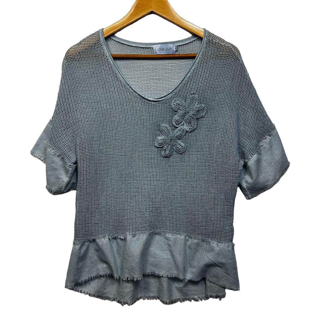 Love Lola Blue Mesh Sheer Cotton Top - Size L