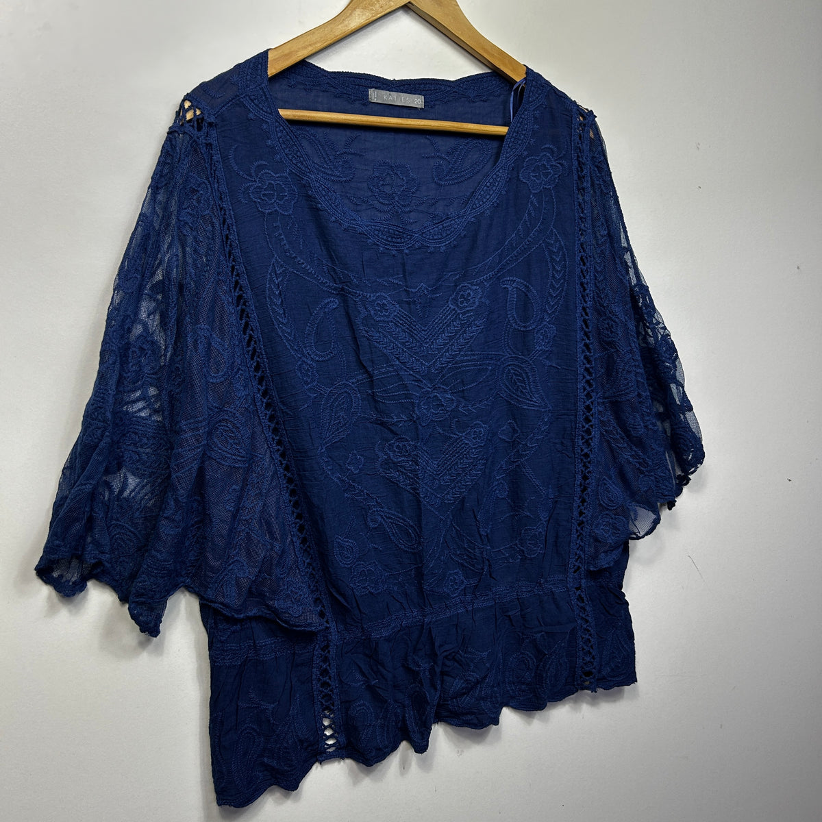 Katies Navy Embroidered Plus Size Cotton Top - Size 20