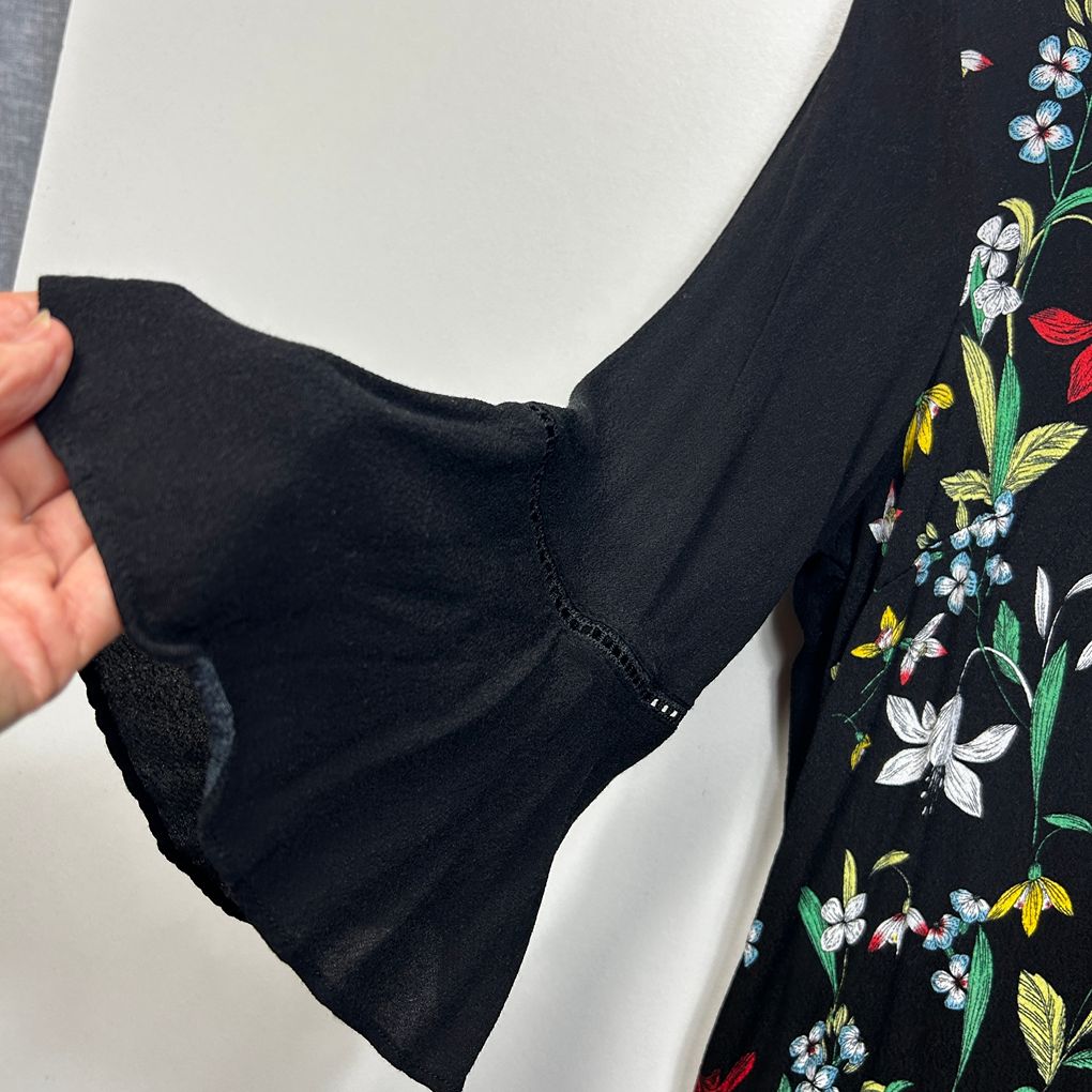 Beme Black Floral Bell Sleeve Top - Size 14