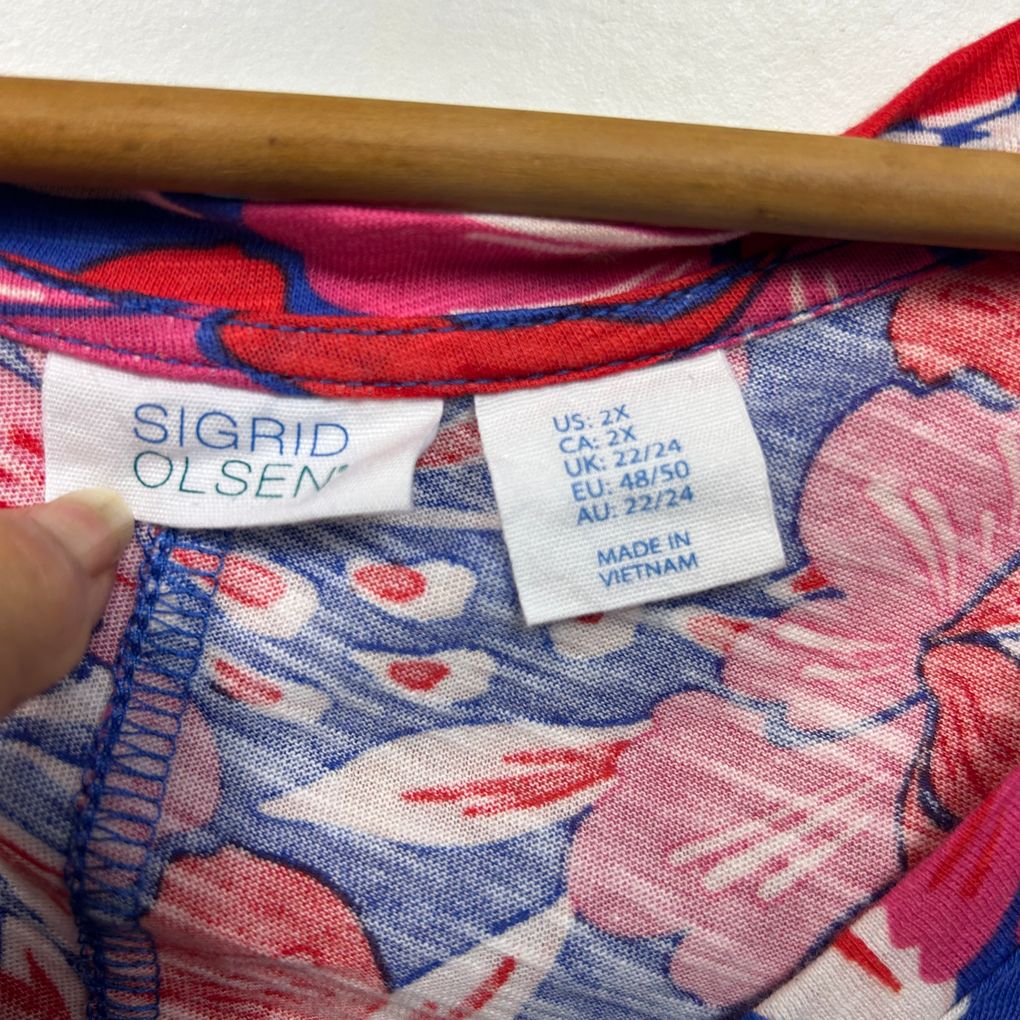 Sigrid Olsen Blue & Red Floral Cotton V-Neck Top - Size 2X (AU 22/24)