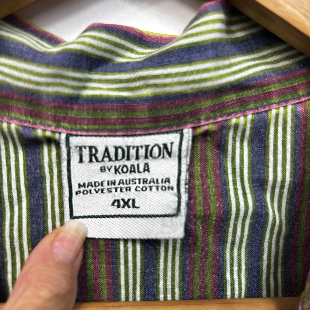 Vintage Green Striped Cotton Mens PJ Shirt - Size 4XL