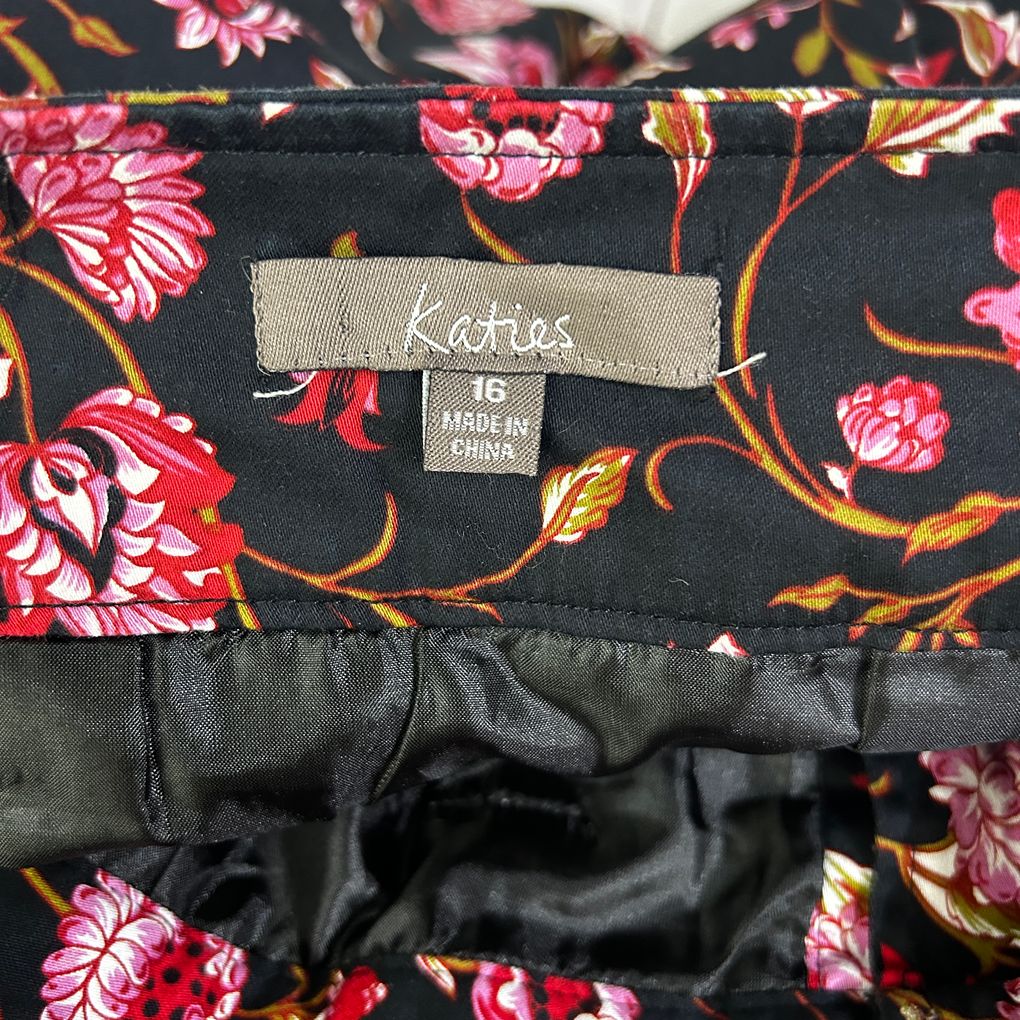 Katies Black Pink Floral Cotton Skirt - Size 16