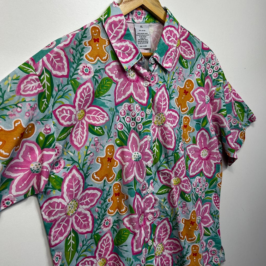 Christmas Gingerbread Floral Cotton Button Up Shirt - Size XL