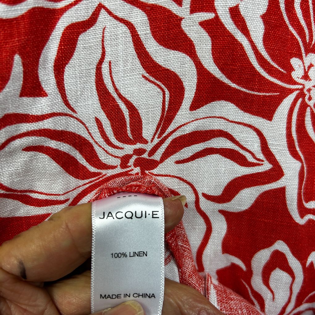 Jacqui E Red Floral Linen Top - Size 18
