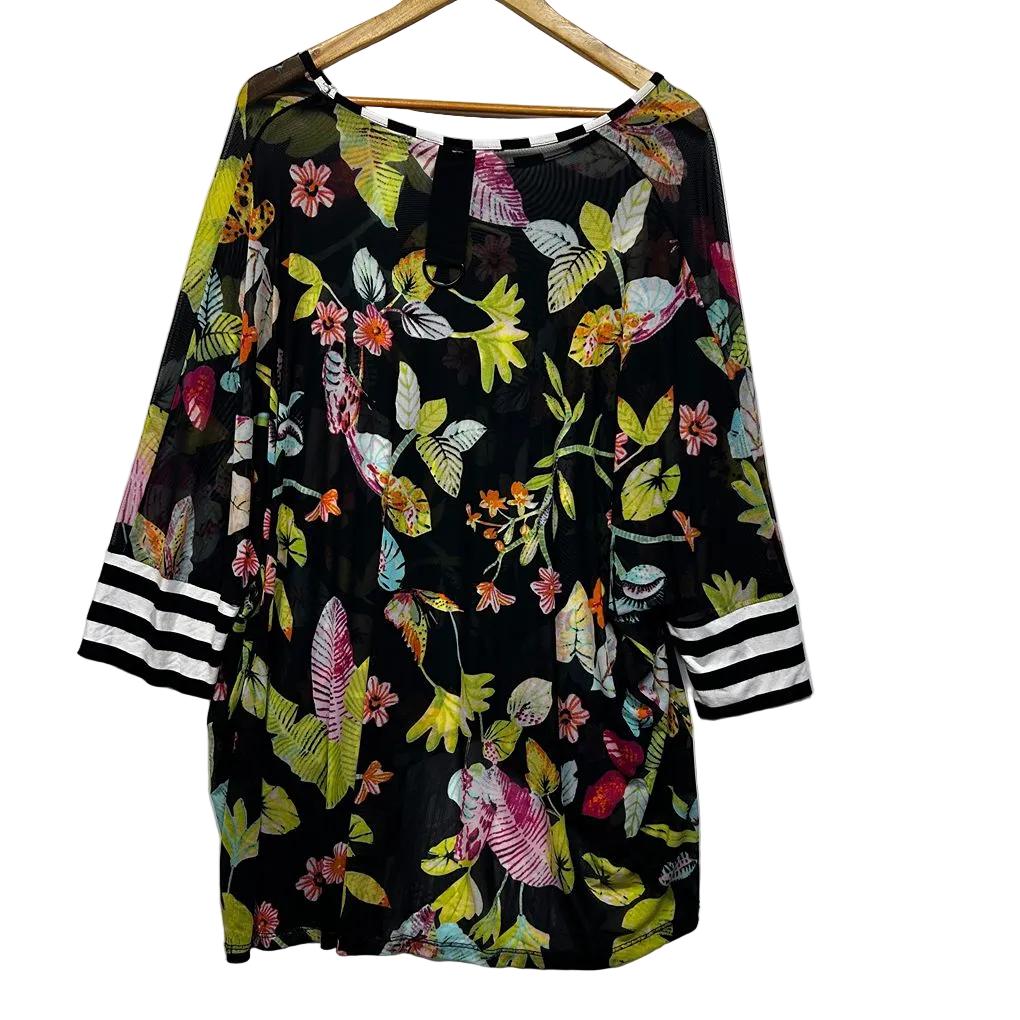 Taking Shape Black Mesh Sheer Multicoloured Floral Tunic Top - Size 20/22