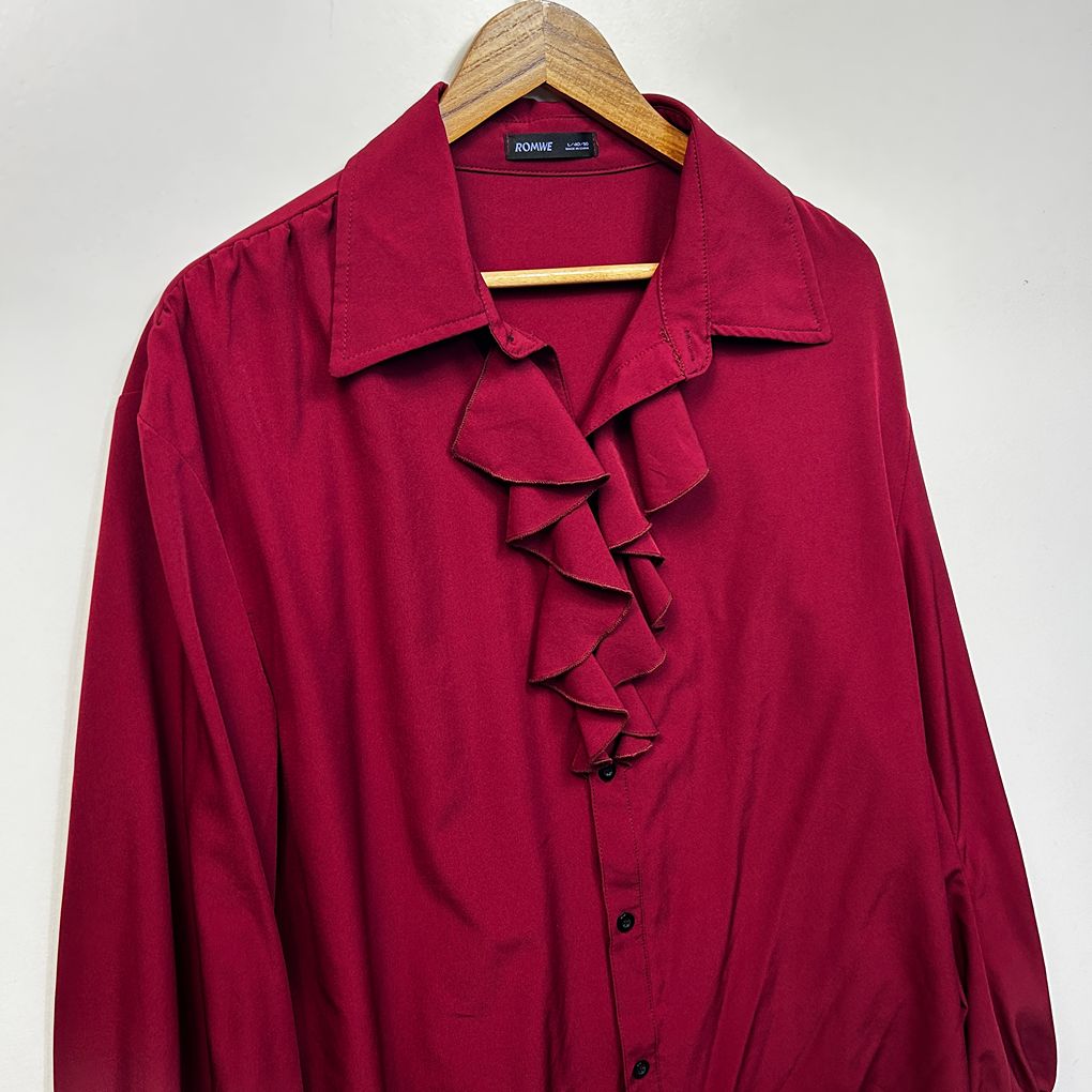 Romwe Burgundy Ruffle Long Sleeve Blouse - Size L