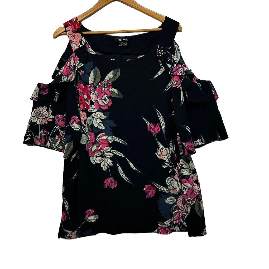 City Chic Black Floral Cold Shoulder Top - Size 22/XL