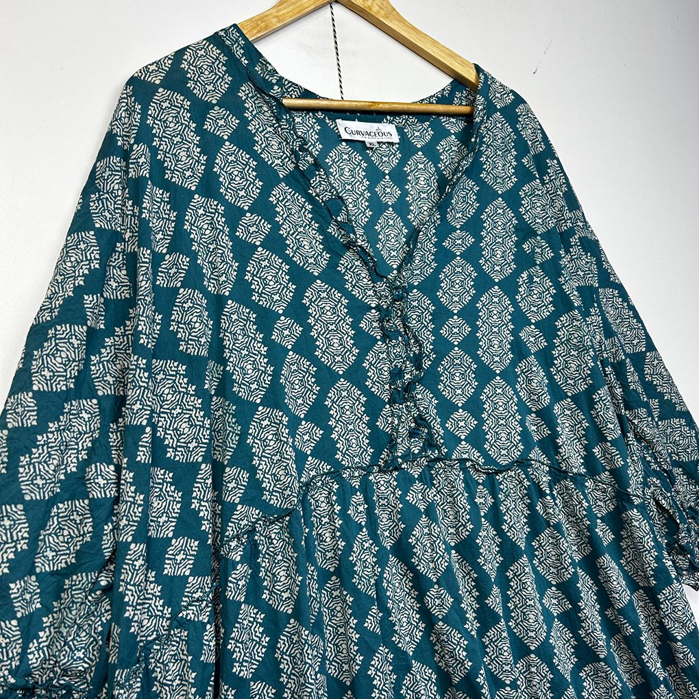 Curvaceous Teal Plus Size Cotton Boho Maxi Dress - Size XL/22