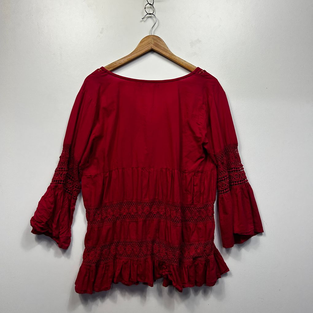 Ishka Red Embroidered Cotton Boho Top - Size XL