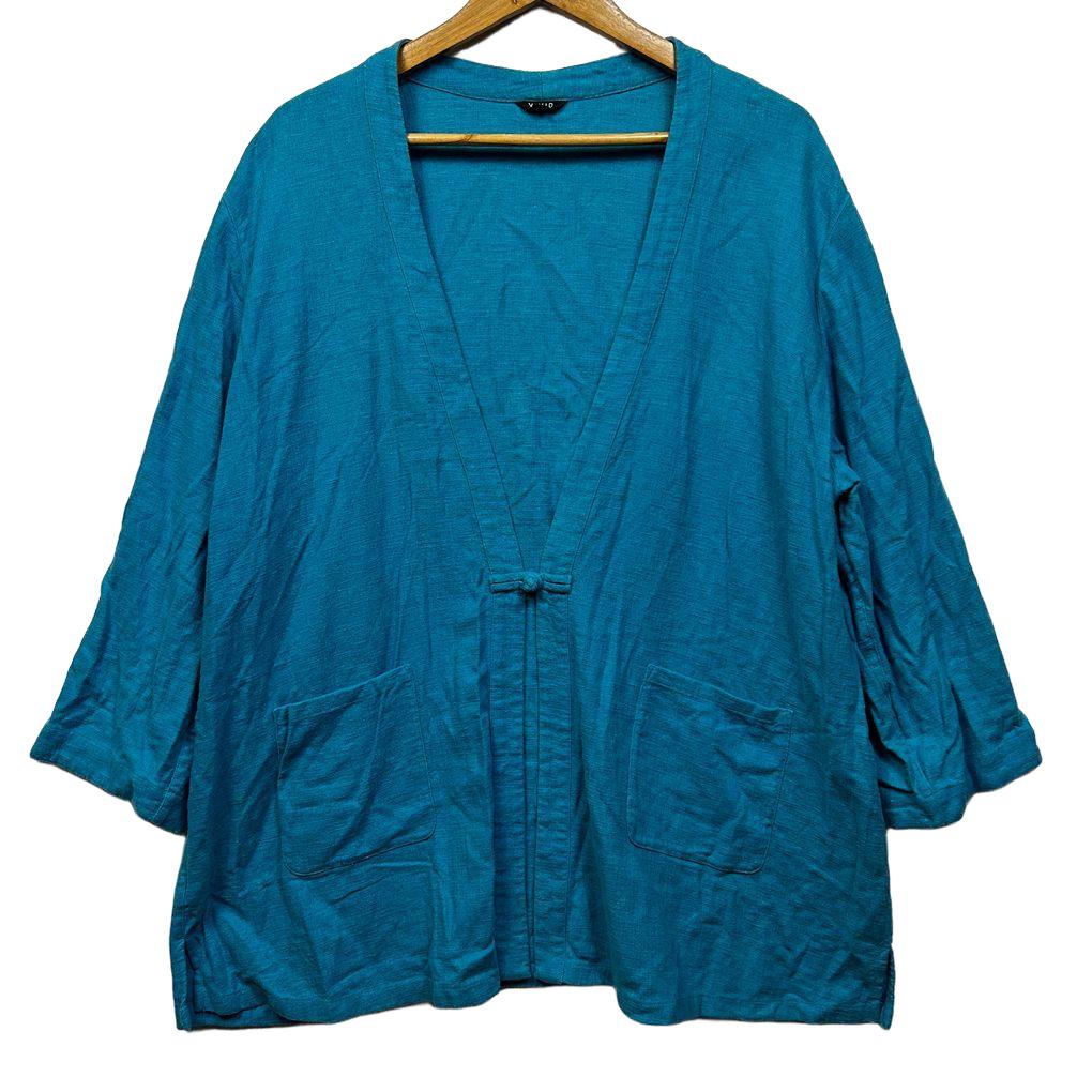 Vivid Blue Linen V Neck Open Front Top - Size 3X