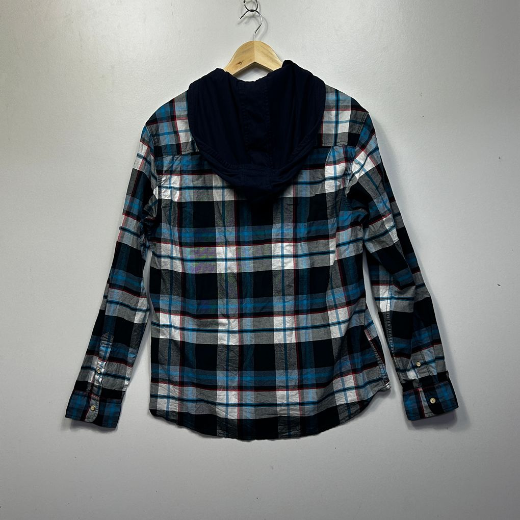 Urban Ranger Blue Cotton Check Hooded Slim Fit Mens Shirt - Size XL
