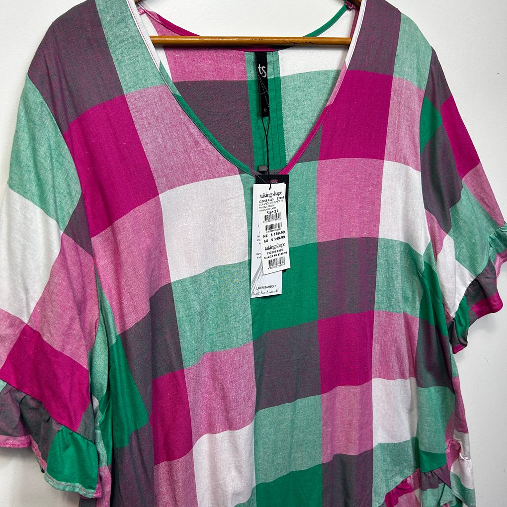 Taking Shape Pink Green Check Plus Size Linen Top - Size 22