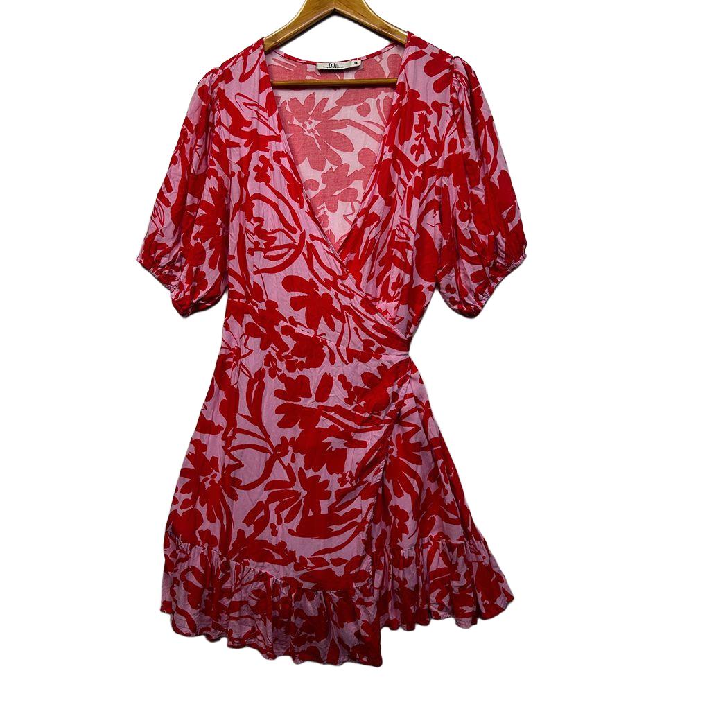 Fria Red Floral Wrap Dress - Size 14