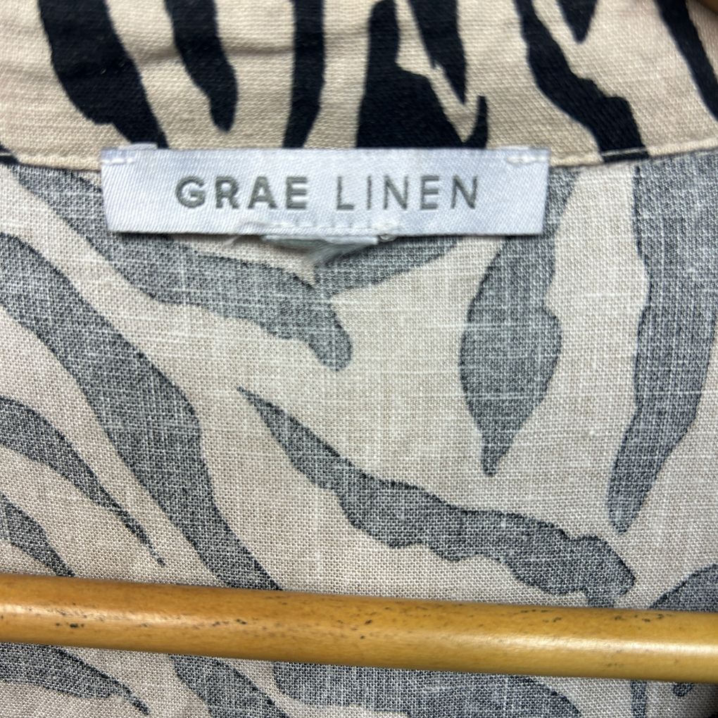 Suzanne Grae Linen Beige Animal Print Linen Shirt - Size 16/18