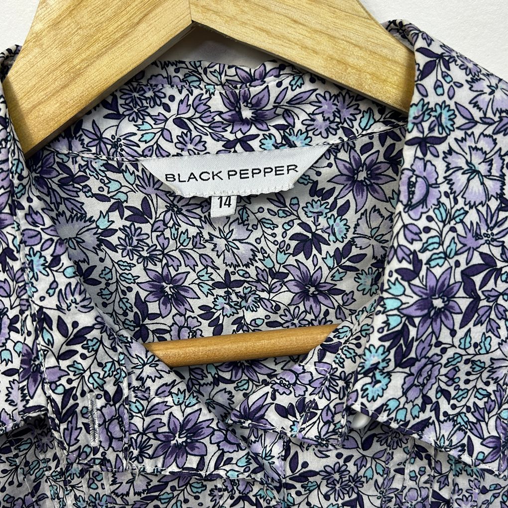 Black Pepper Purple Button Up Short Sleeve Floral Shirt - Size 14