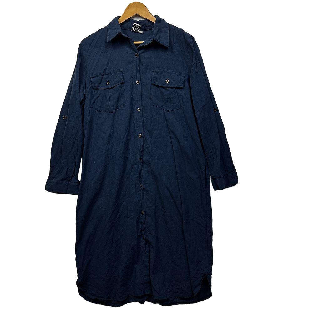 Silver Wishes Navy Linen Shirt Dress - Size 16