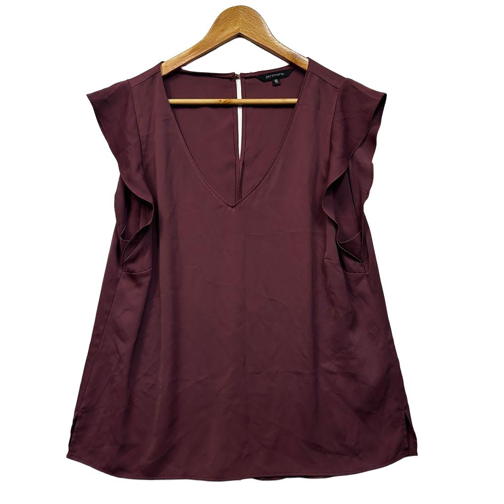 Portmans Burgundy Flutter Sleeve Top - Size 16