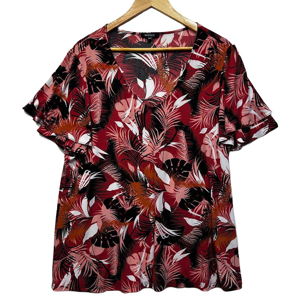 Basque Rust Leaf Print Short Sleeve Top - Size 16W