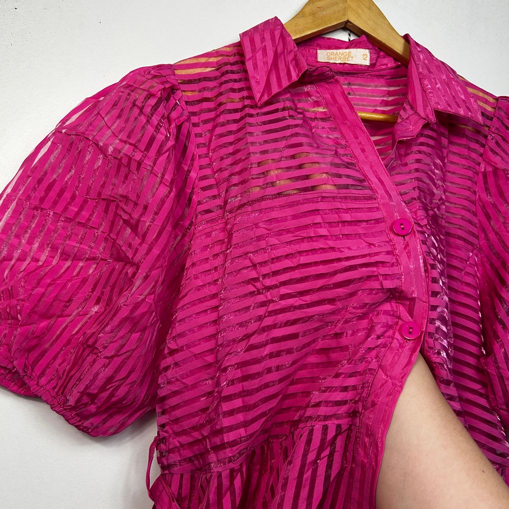 Orange Sherbet Pink Puff Sleeve Dress - Size 12