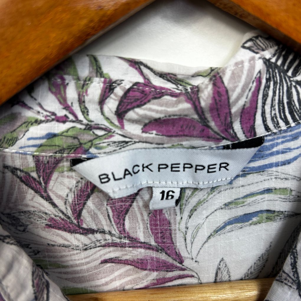 Black Pepper Grey Leaf Print Cotton Shirt - Size 16