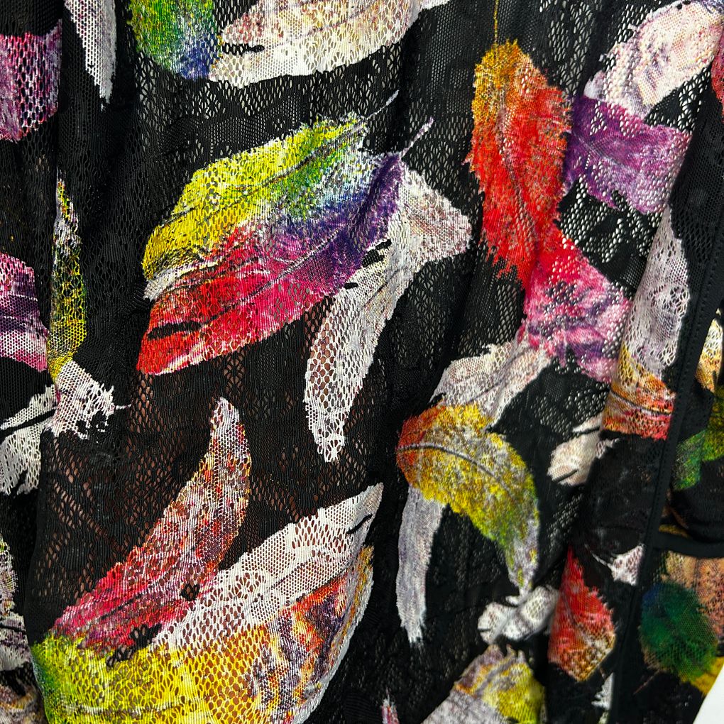 Black Feather Print Plus Size Cotton Silk Kimono - Size XXL