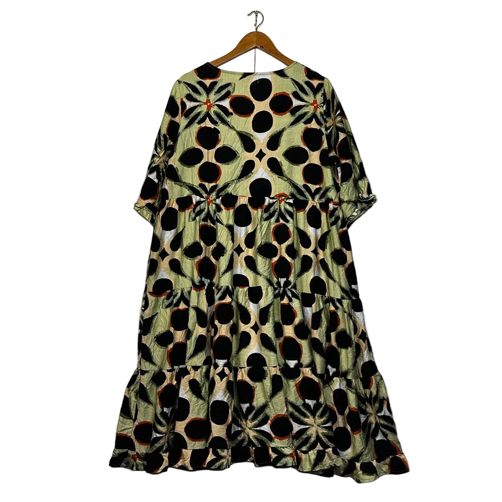 Indigo Designs Green Print Plus Size Linen Dress - Size 2XL