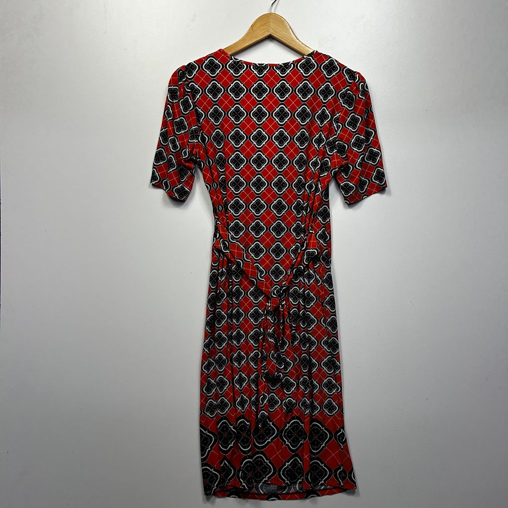 Leona Edmiston Orange Black Geometric Print Wrap Short Sleeve Dress - Size 12