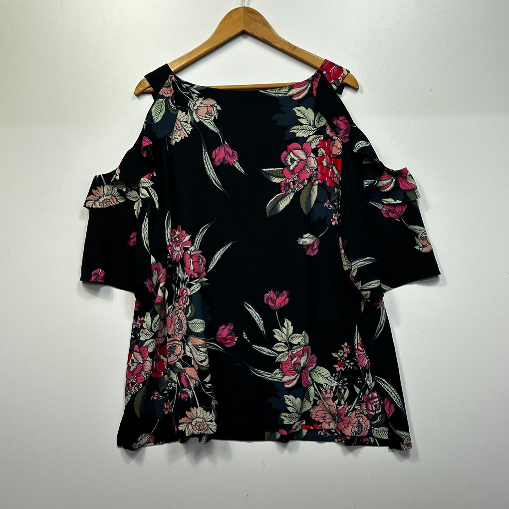 City Chic Black Floral Cold Shoulder Top - Size 22/XL