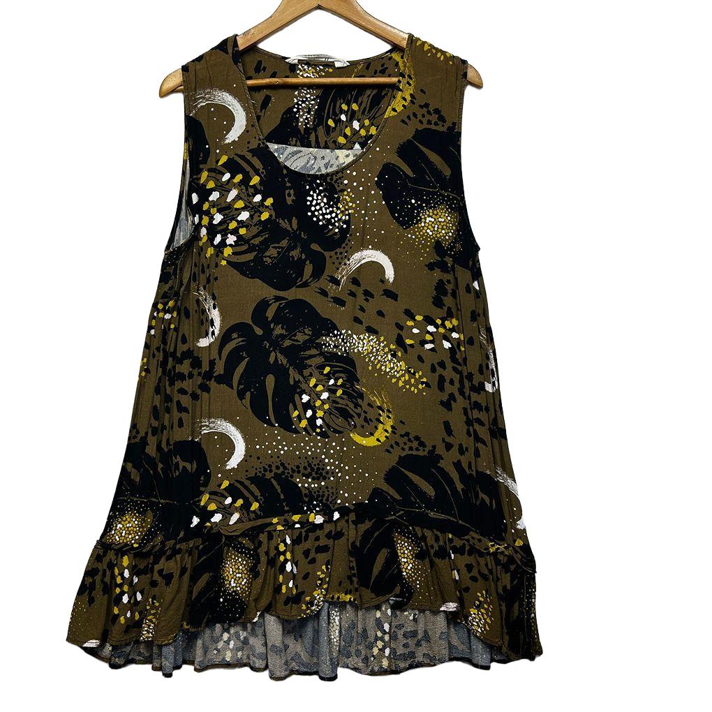 Virtuelle Khaki and Navy Print Top - Size 18