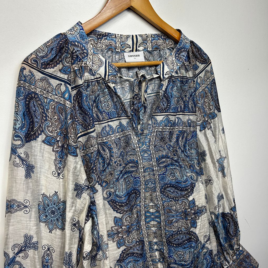 Sussan Blue Plus Size Linen Blouse - Size 18