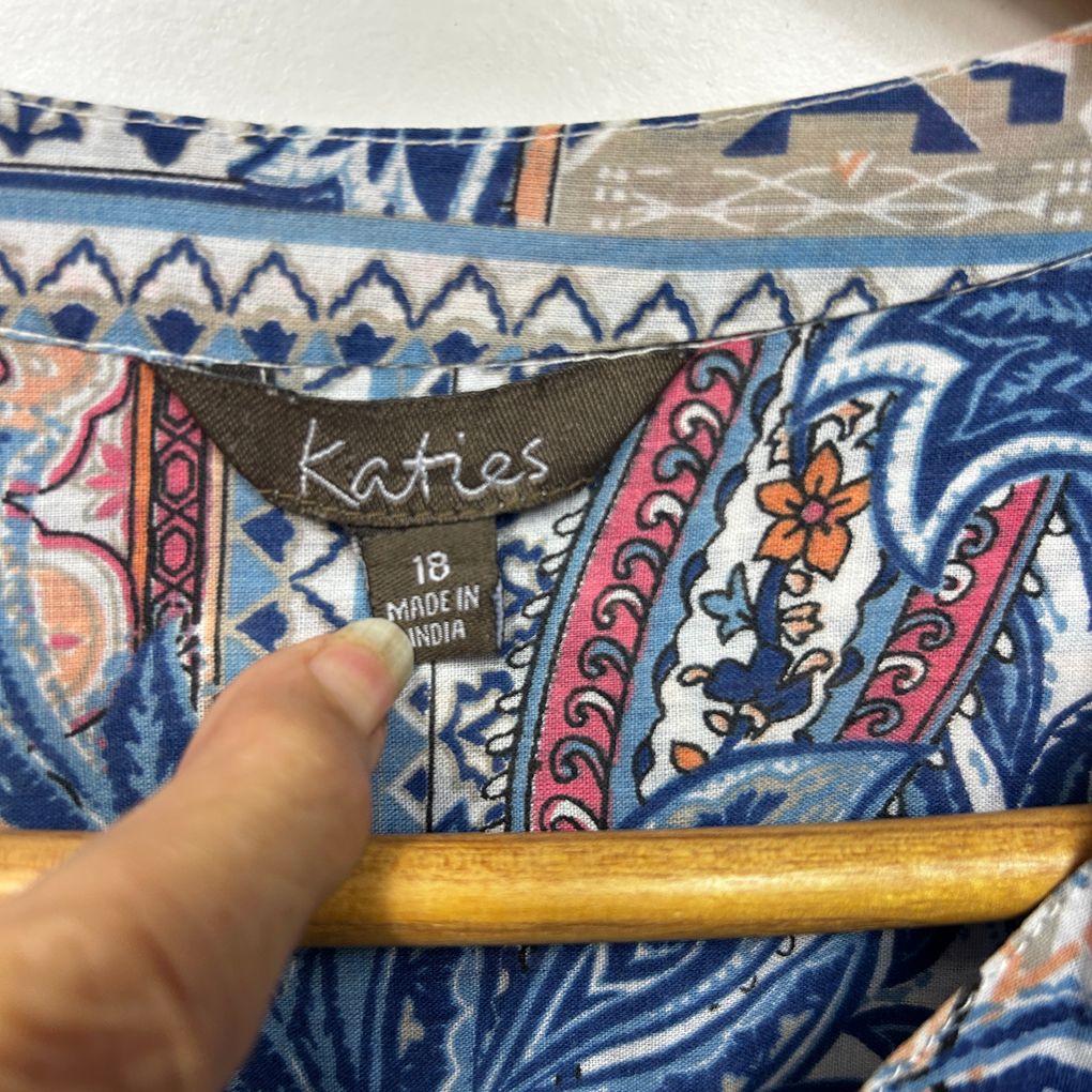 Katies Blue Paisley Cotton 3/4 Sleeve Tunic Top - Size 18