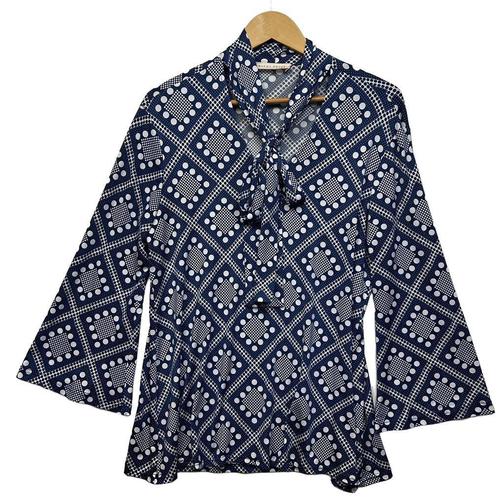 Sacha Drake Navy Print Bell Sleeve Top - Size 14