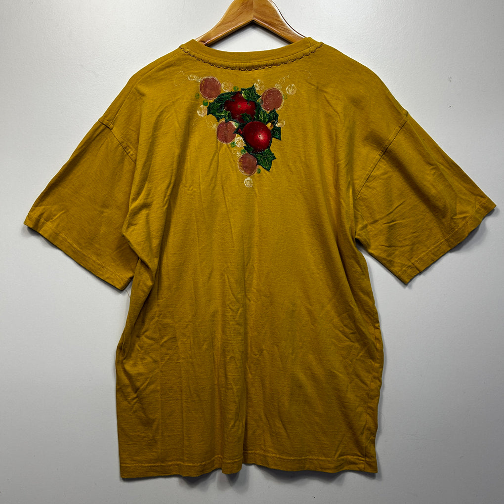 Vintage Mustard Embroidered Christmas T-Shirt - Size XL