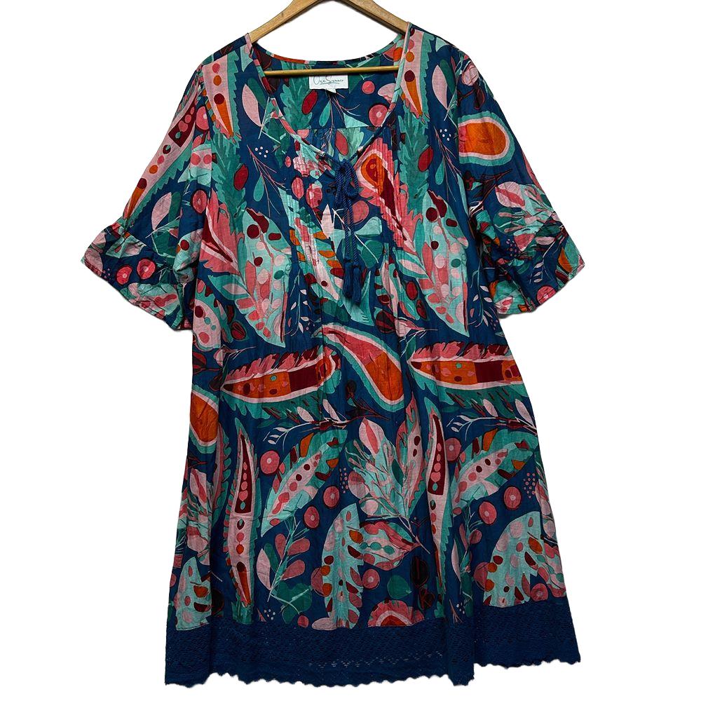 One Summer Navy Multicoloured Print Cotton Dress - Size 18