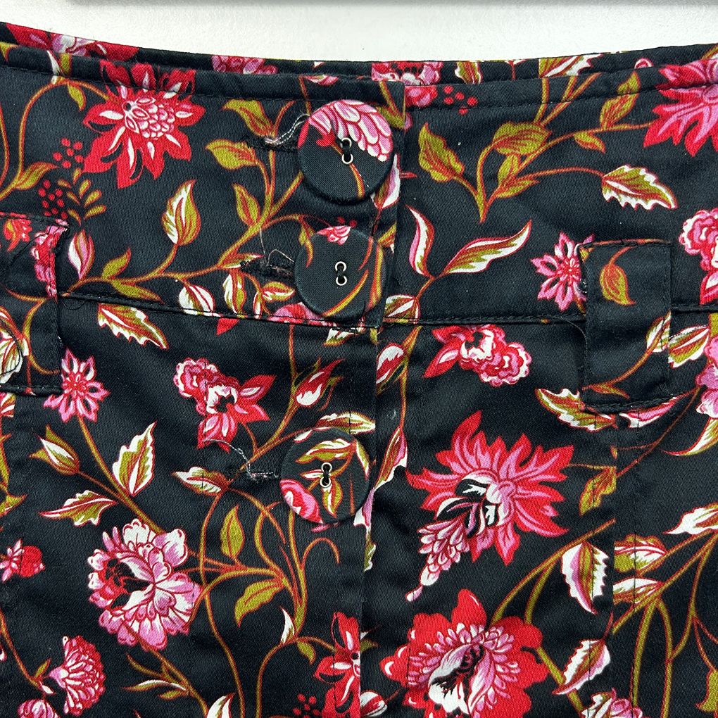 Katies Black Pink Floral Cotton Skirt - Size 16