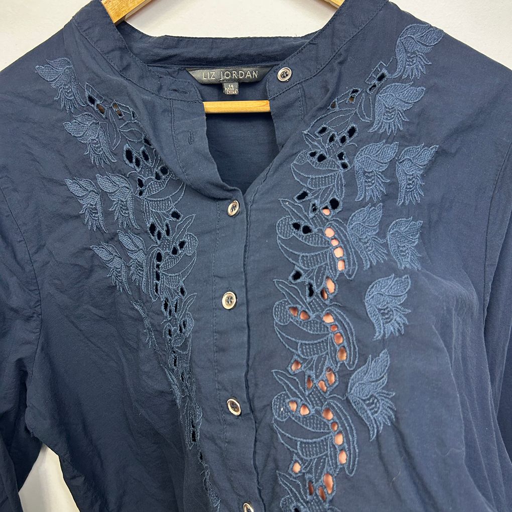 Liz Jordan Navy Cotton Embroidered Shirt - Size 14