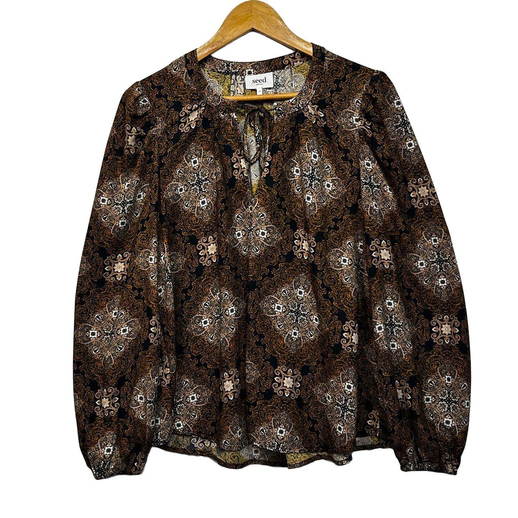 Seed Heritage Brown Print Long Sleeve Blouse - Size 12
