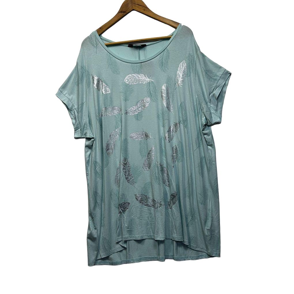Yours Mint Plus Size Feather Print Top - Size 26/28