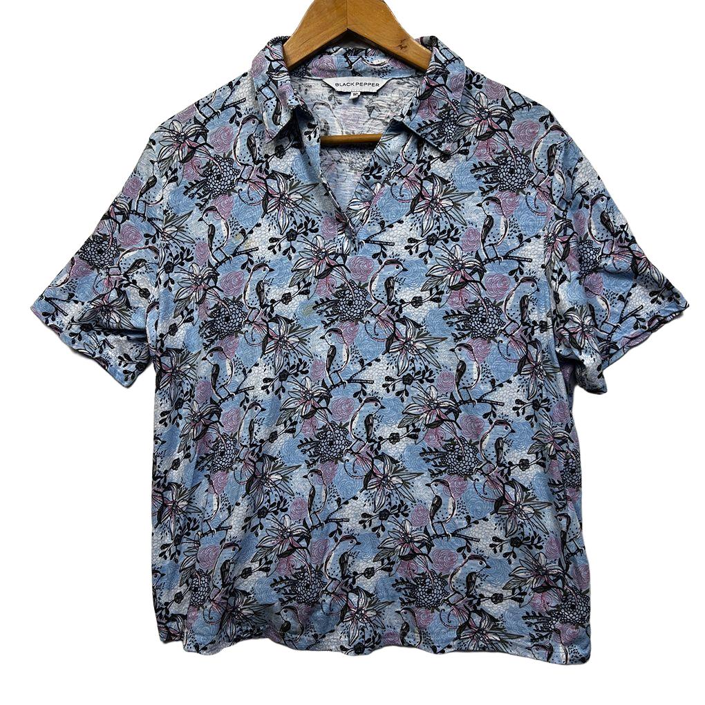 Black Pepper Blue Floral Cotton Shirt - Size 16