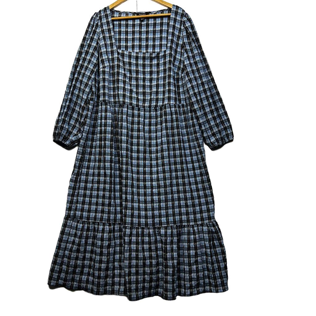 New Look Curves Blue Check Cotton Maxi Dress - Size 24