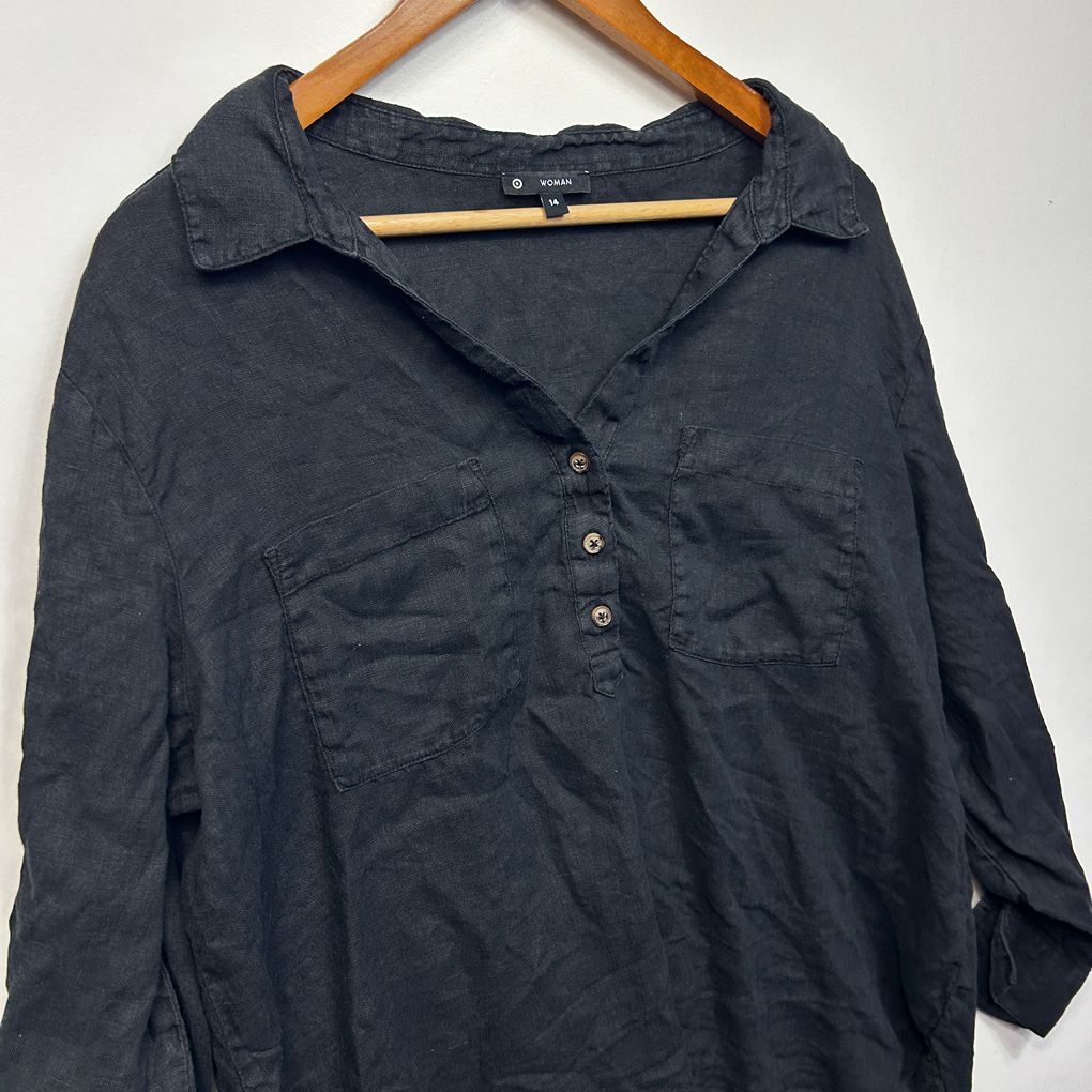 Target Black Linen Long Sleeve Top - Size 14