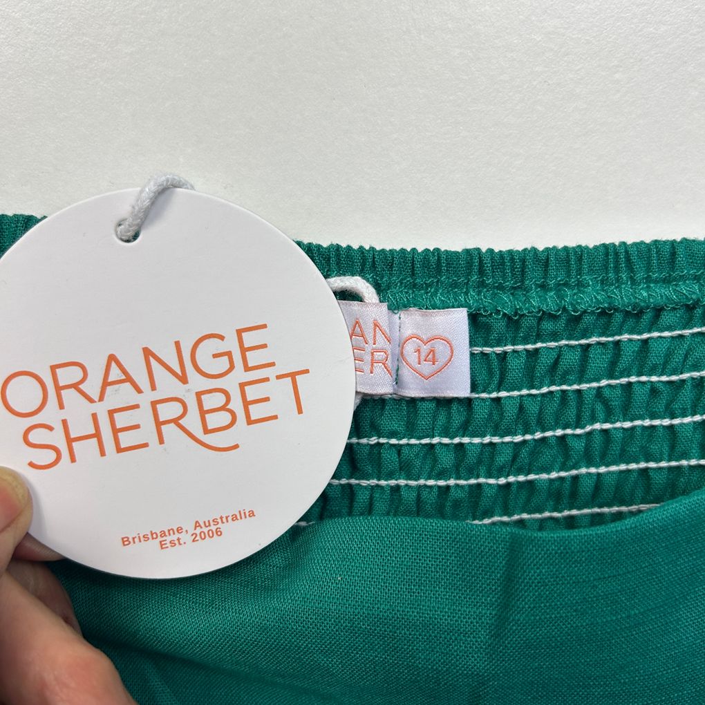 Orange Sherbet Green Cotton Linen Dress - Size 14