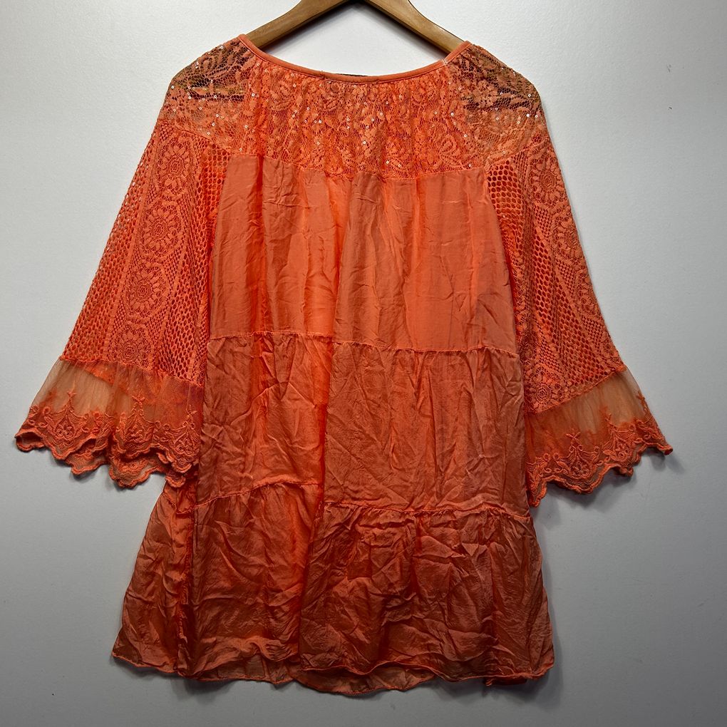 Donna Donna Italian Orange Lace Sequin Silk Tunic Top - One Size 14/16