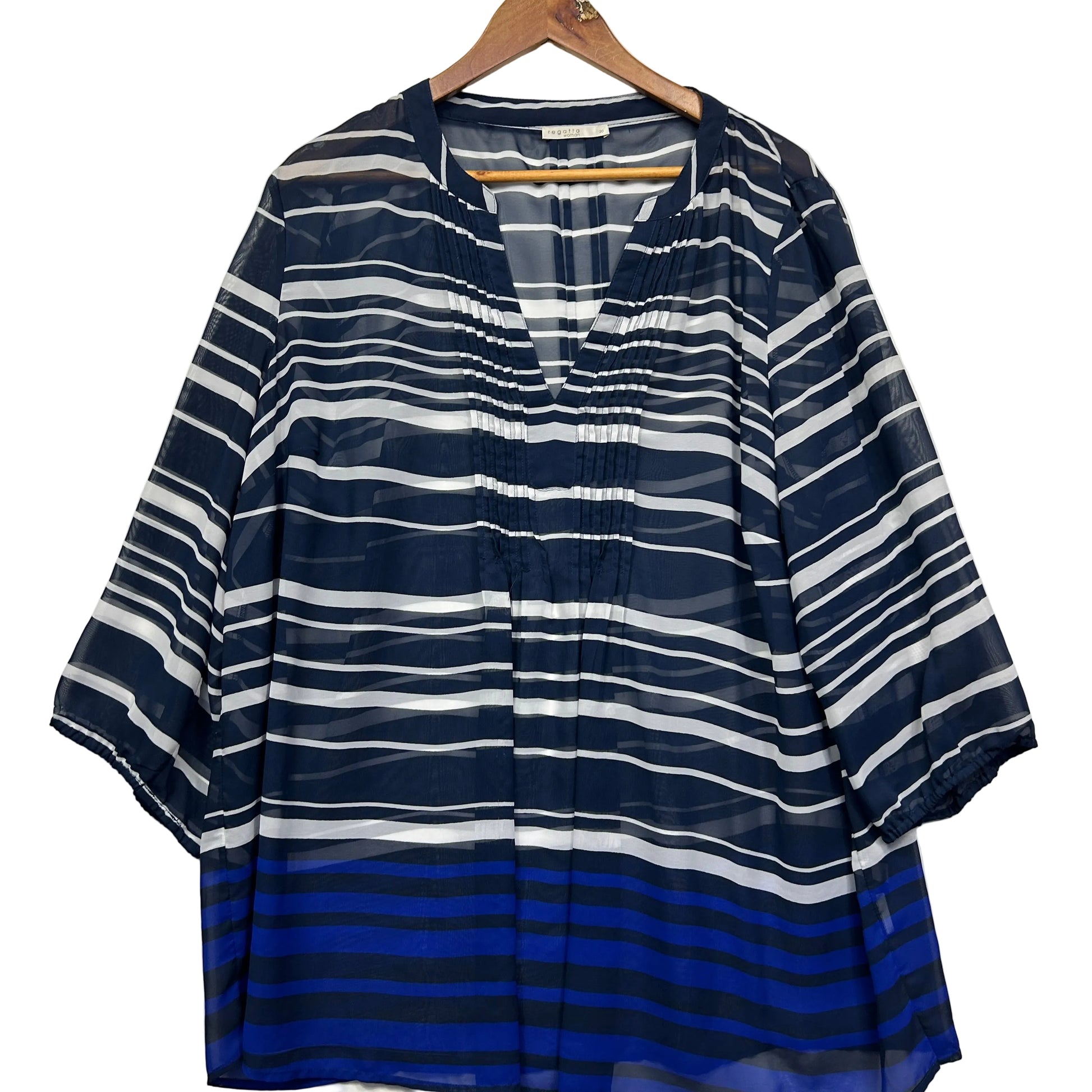 Navy and white striped shirt front view