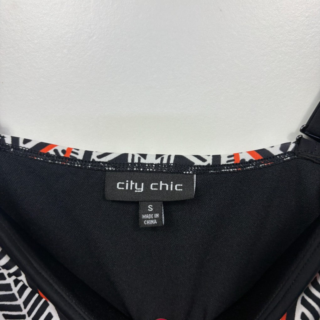 Black top with graphic print detail view