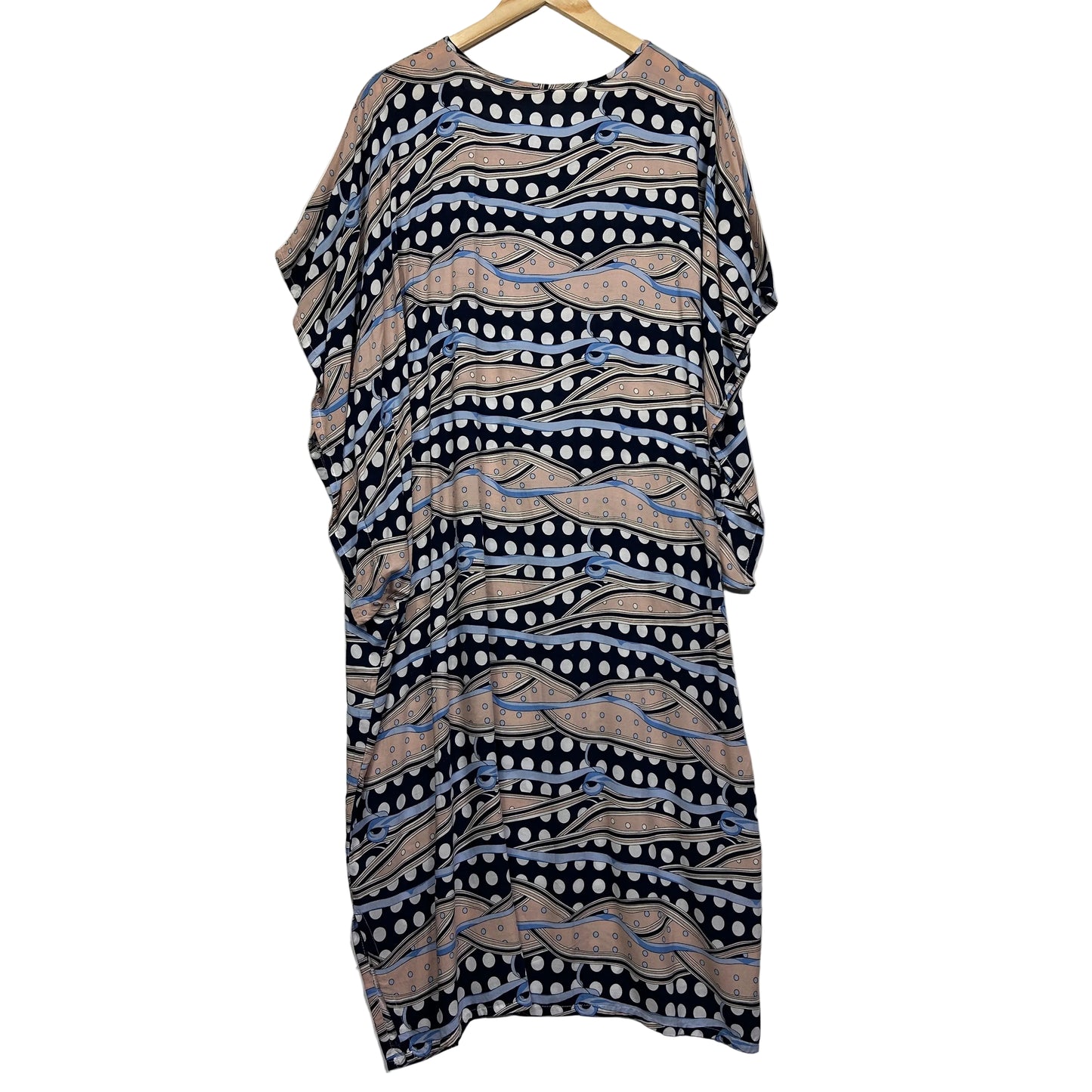 Navy and beige patterned kaftan dress front view