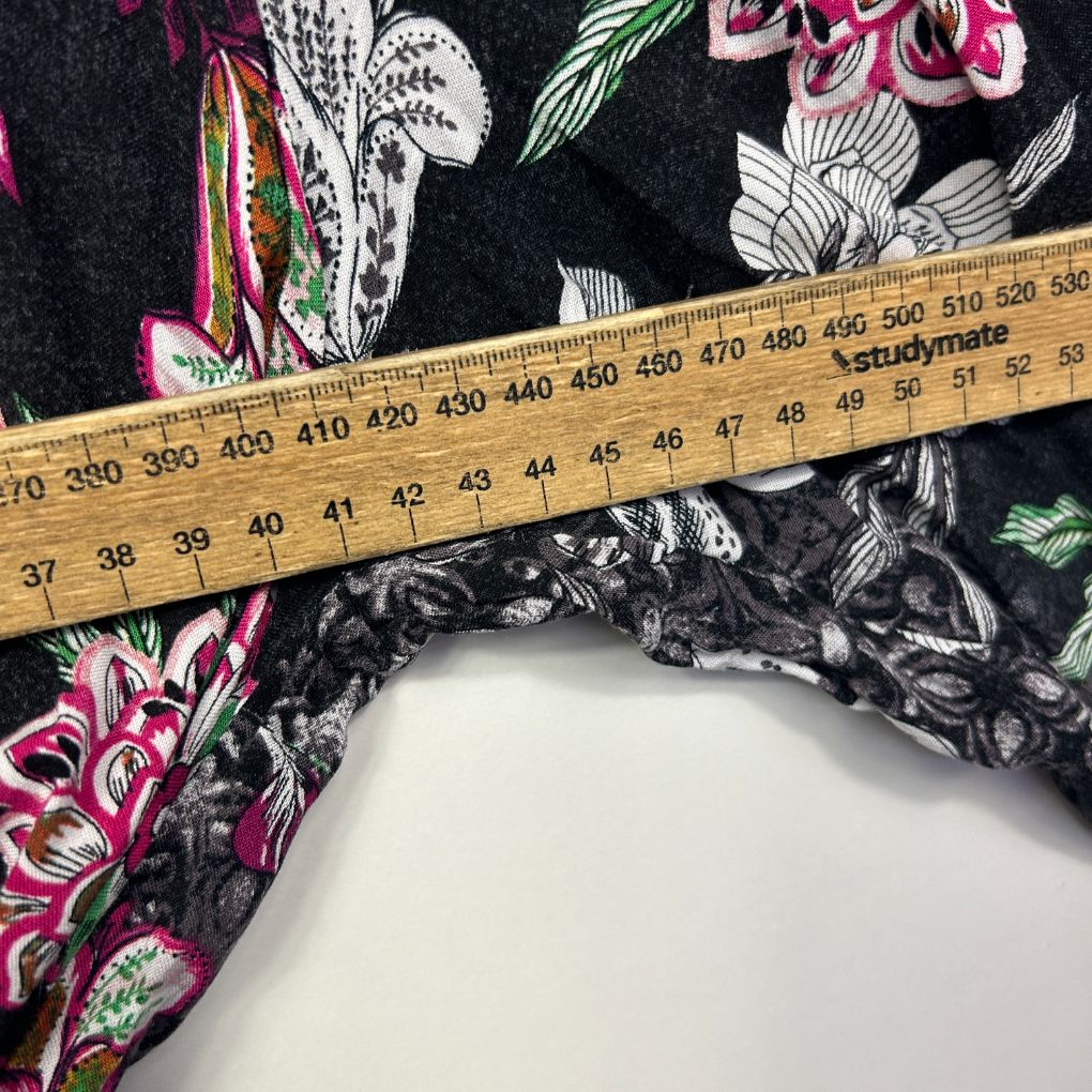 Black floral fabric with measuring tape detail view