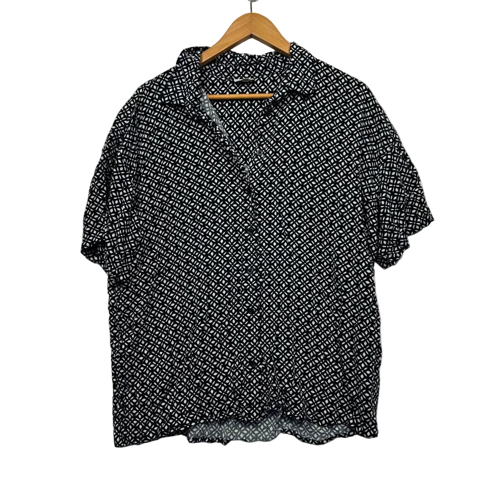 Black and white geometric patterned short sleeve shirt front view