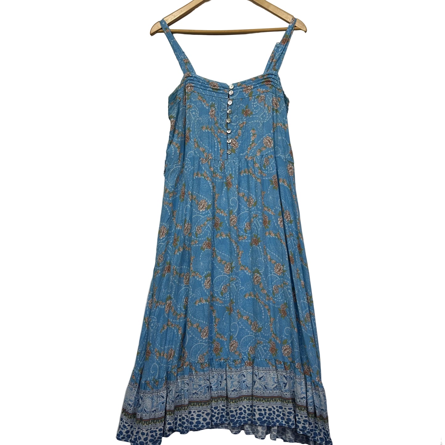 Blue floral dress front view on hanger